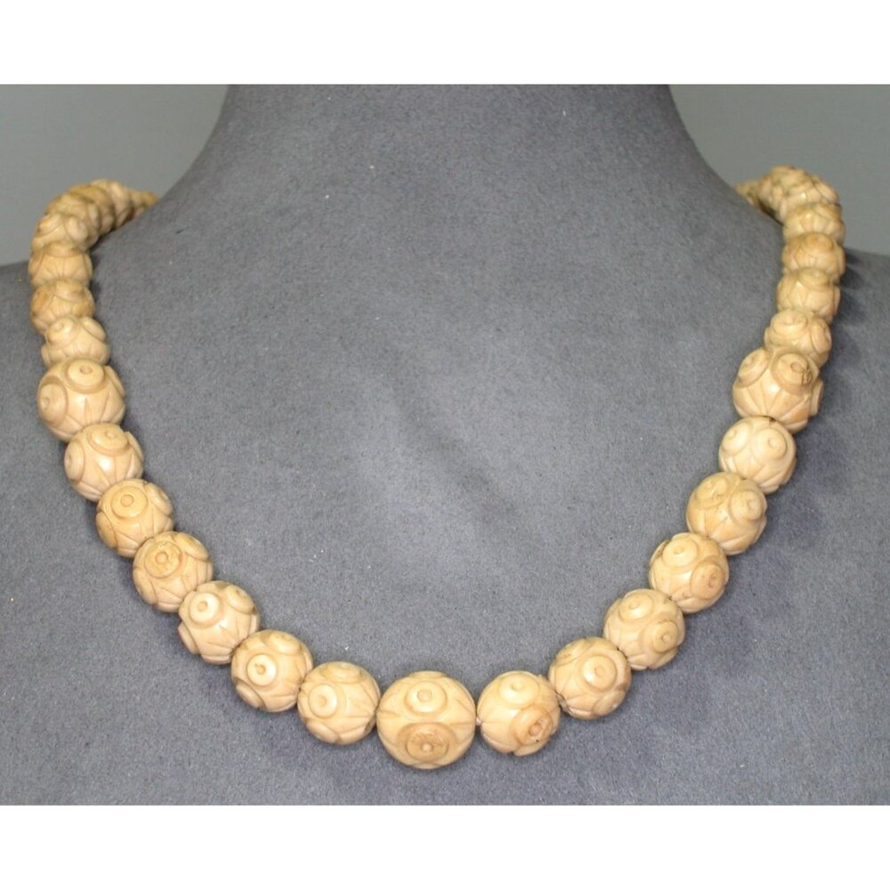 Vintage Carved Celluloid Beaded Necklace 26 Inch with Barrel Clasp